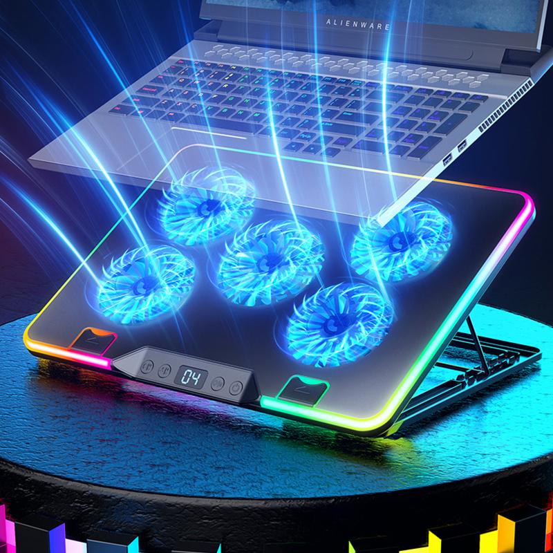 

Охлаждающая подставка для ноутбука RGB со светодиодным экраном, воздушный охладитель, подставка для ноутбука с 2/5 вентиляторами, регулируемая игровая охлаждающая подставка 2 Fans Silver
