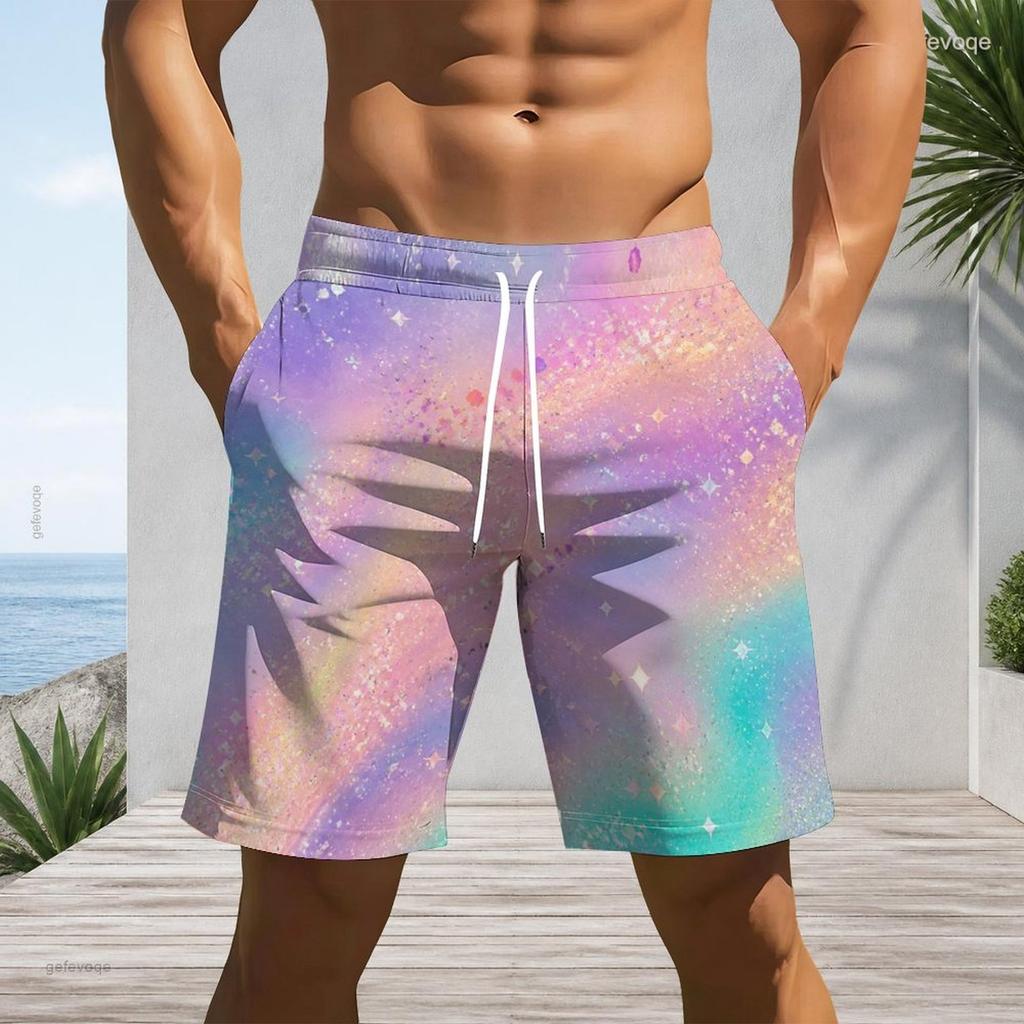 Men Plus Size Colorful Glitter Printed Beach Shorts Drawstring Waist Straight Leg With Side Pockets