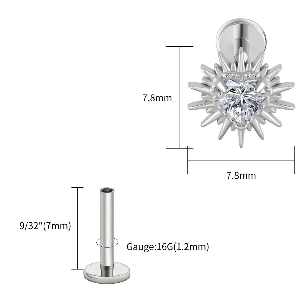 Stud Labret Flat Back Coração Quebrado ASTM F136 Titânio Right Grand 16G Argola de Cartilagem Coração CZ Piercing Helix Tragus Joia