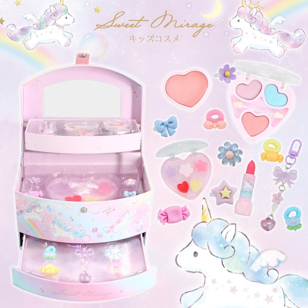 Shobido Unicorn Makeup Box Cosmetic Set - Gentle ingredients, easily removed with soap, includes makeup brush, kids' cosmetics.