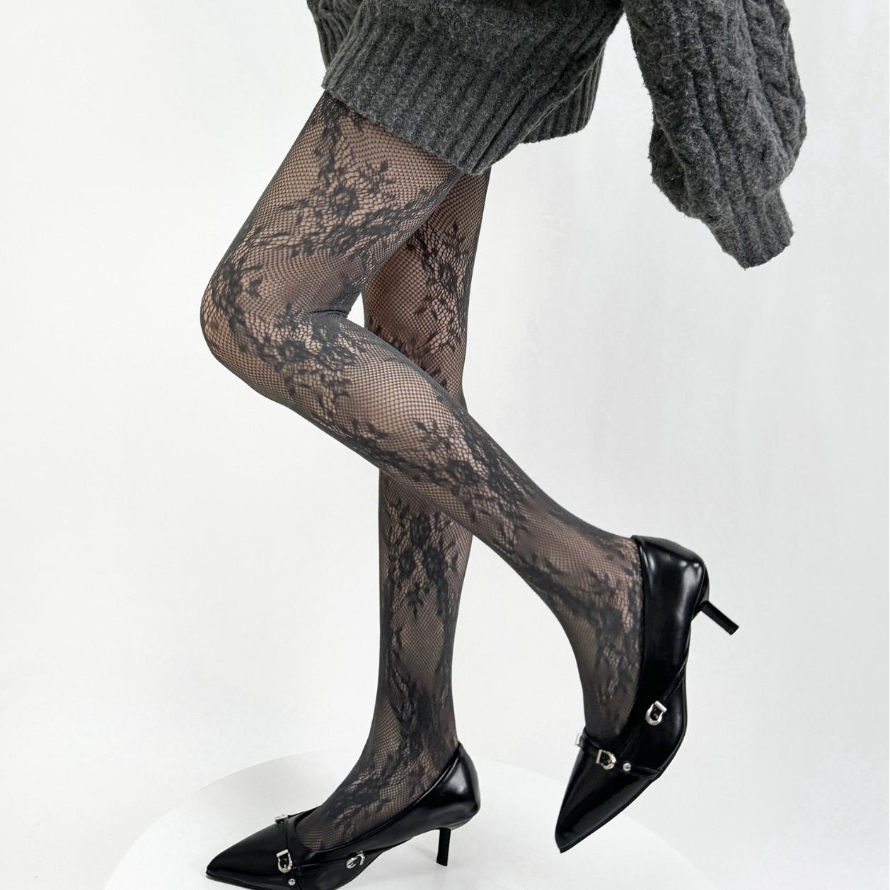 

2026 Retro Floral Lace White Black Stockings Korean Sexy Hollowed Out Lace Mesh Stockings with Bottom Pantyhose for Women Tights One Size темно-сірий