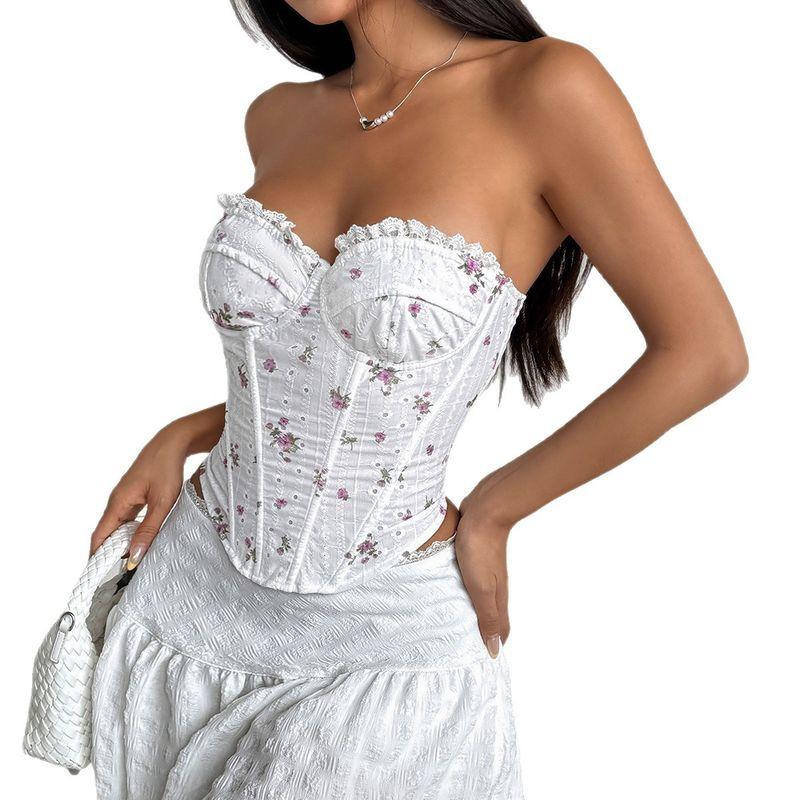Sweet Floral Lace Steel Ring Fishbone Hollow Lace French style Pastoral Style Tube Top Vest Top