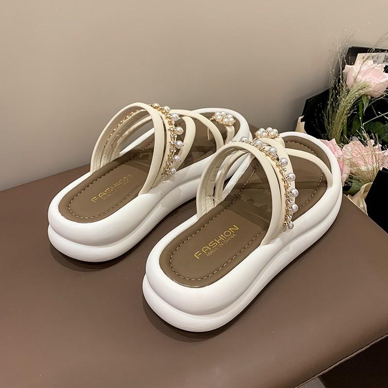 Rhinestone Pearl Two Wear Sandals Girl 2025 Summer New Set Toe One Word Fairy Beach Platform Fashion Cool Slippers