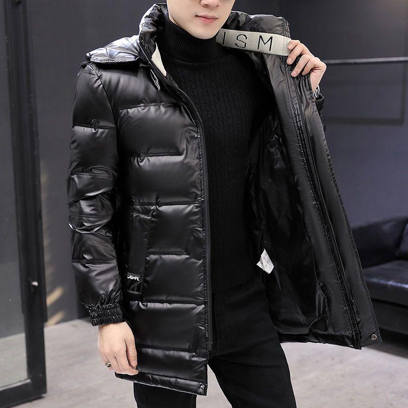Daunenjacke mit glänzender Oberfläche, mittlere bis lange Länge, warme und dicke Winterjacke für Herren in Übergröße
