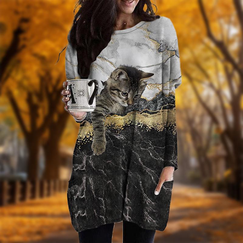 

Новинка осени Милый кошачий принт Плюс Размер Платье Женское O-образный вырез Длинные рукава Повседневные Карманные Платья 4XL