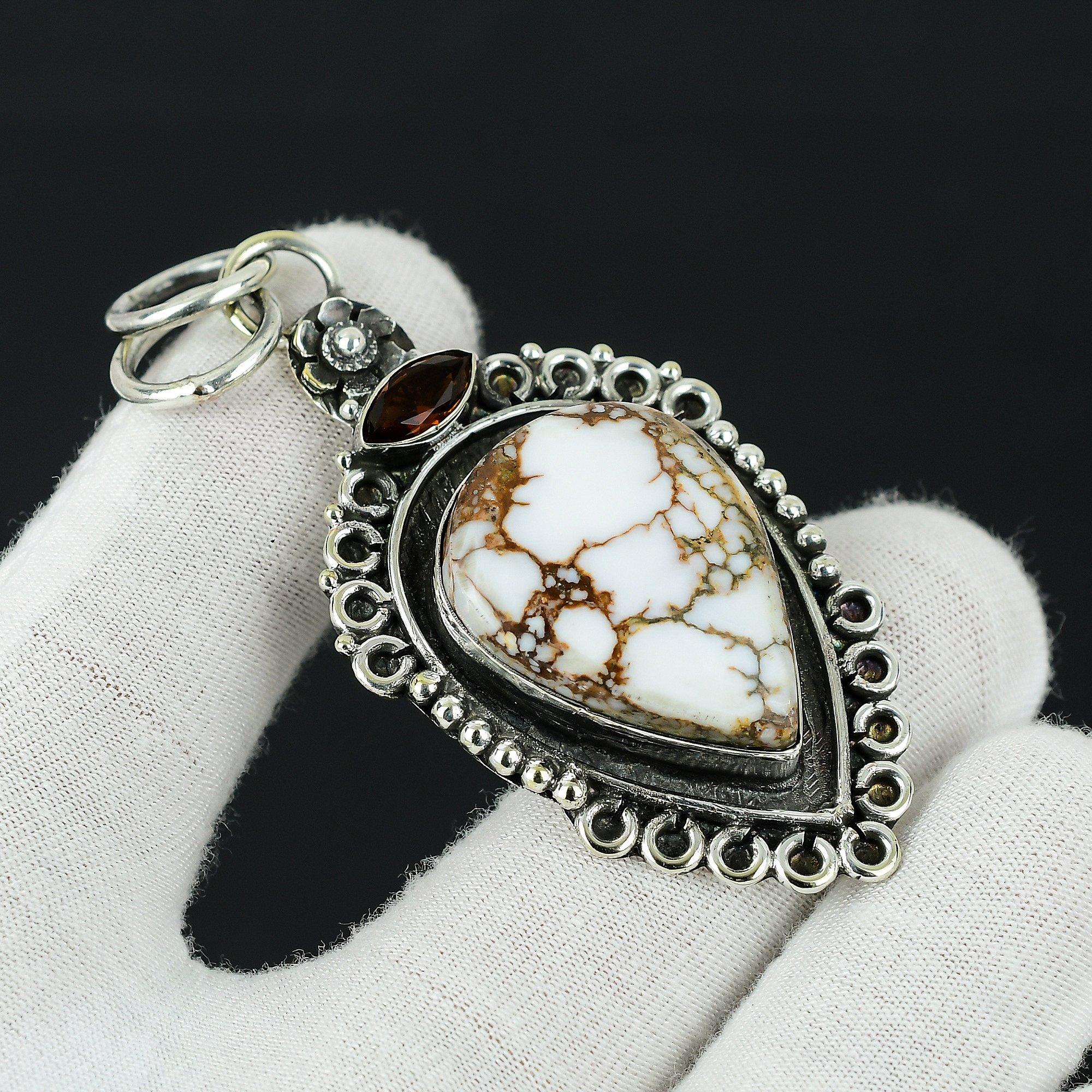 

Яшма дикой лошади, серебряная подвеска с драгоценным камнем медового топаза, подвеска из стерлингового серебра 925 пробы, подвеска из яшмы из натуральной дикой лошади для женщин 2.55 белый