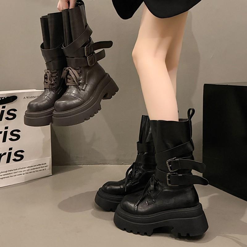 7Cm thick-soled buckle locomotive boots women's 2025 autumn new retro British style heightening Martin boots medium tube knight boots