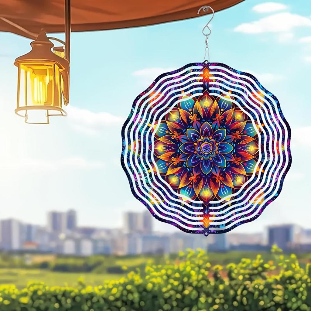 10palcový barevný mandala větrník – 3D laserem řezaná kovová umělecká dekorace, 360° otočný háček pro vnitřní/venkovní použití – Živý geometrický zahradní větrník