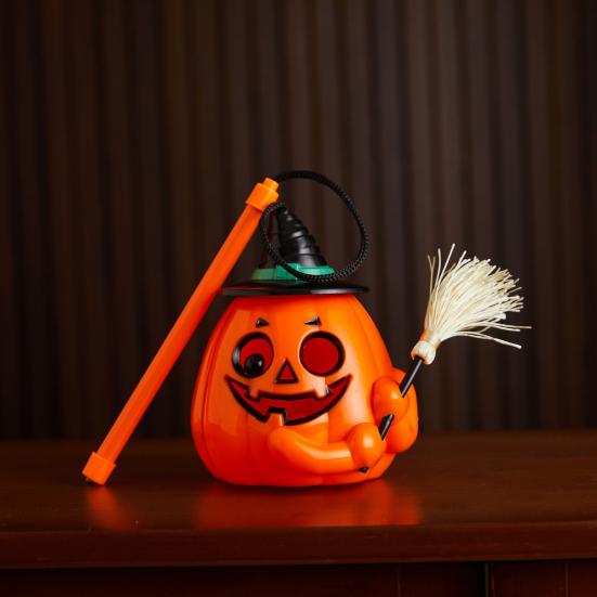Portable Pumpkin Light Glowing Halloween Lantern, Jack O Lantern with Witch Hat Broom, Lightweight Prop Up Decor, Trick or Treat for Kids Party Decor