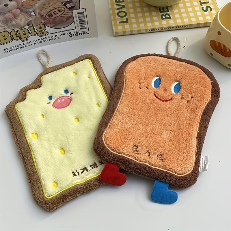 4pcs Cute Cartoon Bread-Shaped Coral Fleece Hand Towels Quick-Dry Soft Absorbent with Hanging Loop Design for Youngsters' Bathroom Kitchen
