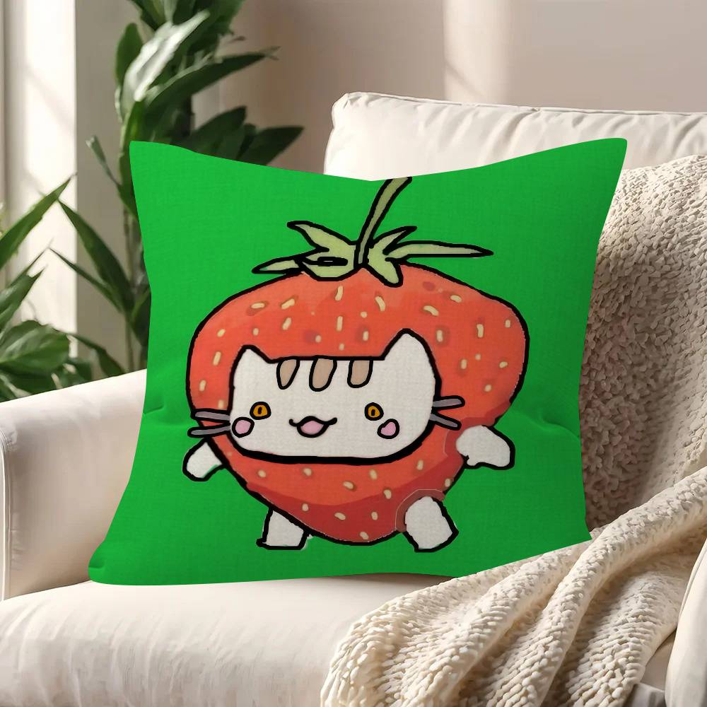 Cute Strawberry Cat  Pillow Cushion Cover Pillowcase Living Room Sofa Home Decor Customized