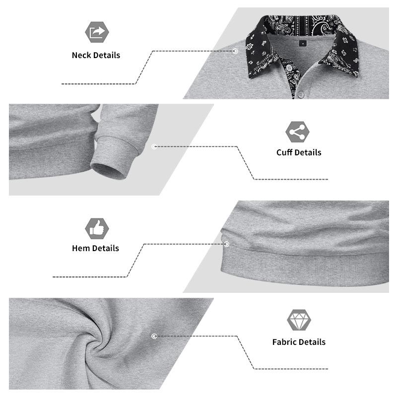 Mens Paisley Pattern Fleece Long Sleeve Polo Shirt American High Street Style