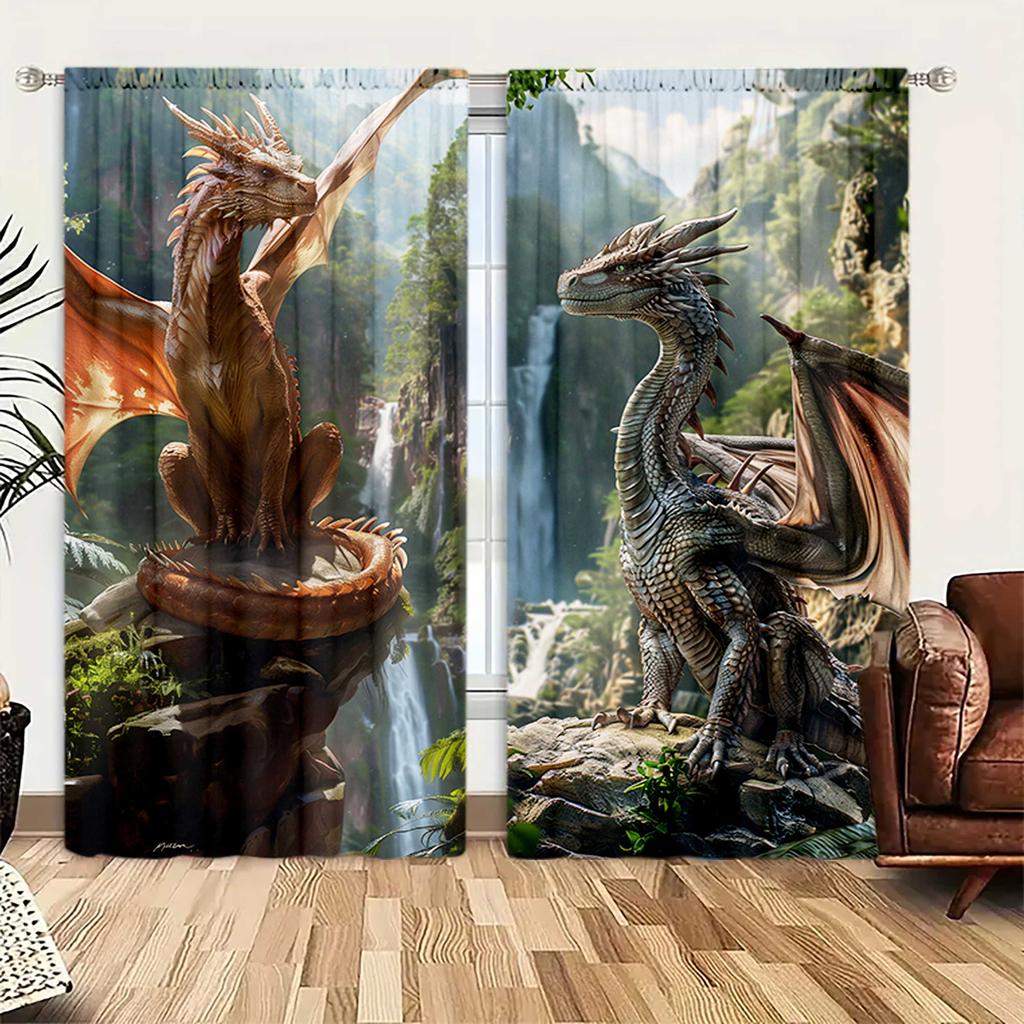 2 stk Dominerende Drage Trykt Gardin for Hjemmedekor - Stanglomme Vindusbehandling for Soverom, Kontor, Kjøkken, Stue,