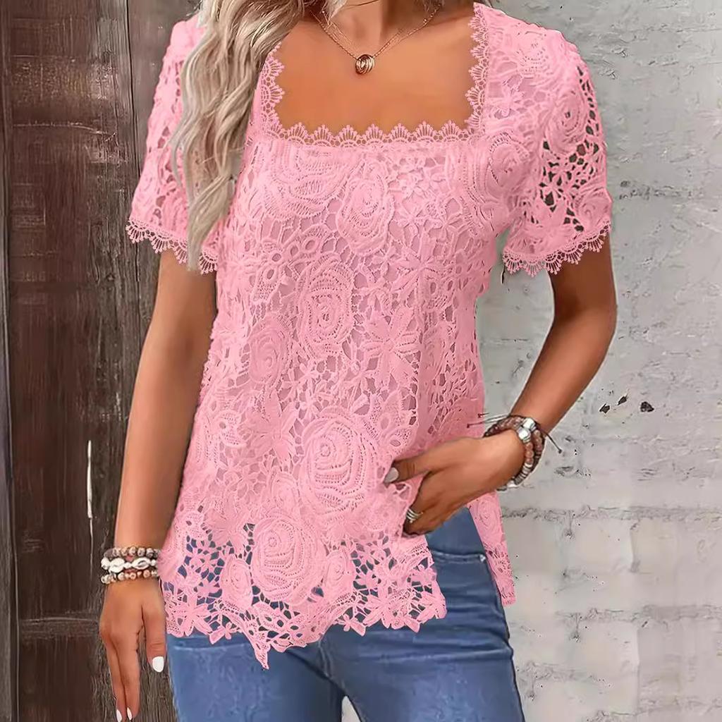 Sommer Damenmode Einfarbiges Lässiges T-Shirt mit quadratischem Ausschnitt und Spitzenkante