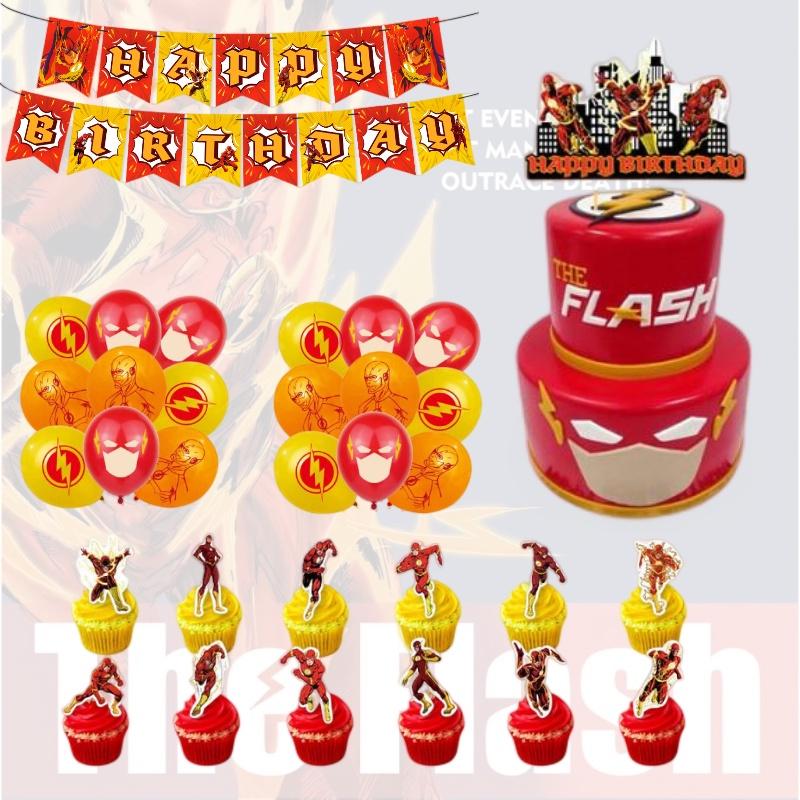 The Flash Themed Birthday Party Decorations Set With Banner, Cake Topper, And Balloons