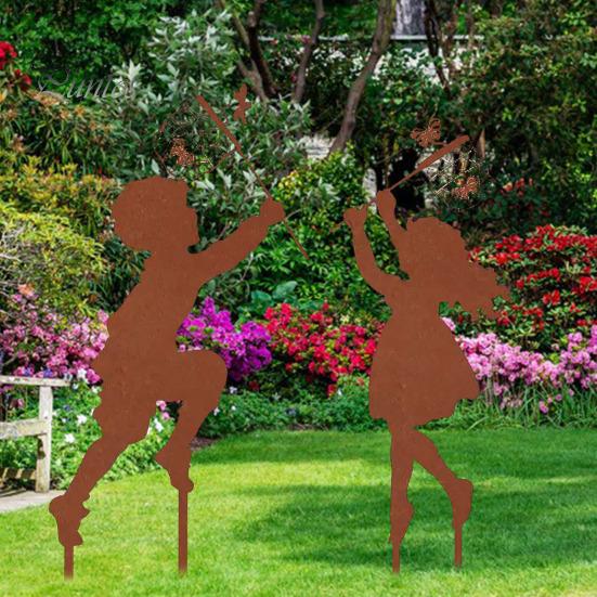 Metall Gartenskulptur 1 Paar Silhouette Kunstmodell Kleiner Junge Mädchen Form Charakter Statue Ornament Dekor Pfähle Rasen Hof Dekoration Lebendiger Akzent