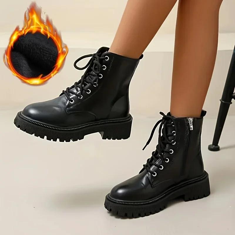 Women Platform Boots Short Plush Solid Color Lace Up Side Zipper Ankle Boots Winter Women Shoes 2026 Large Size 42 Ladies' Shoes
