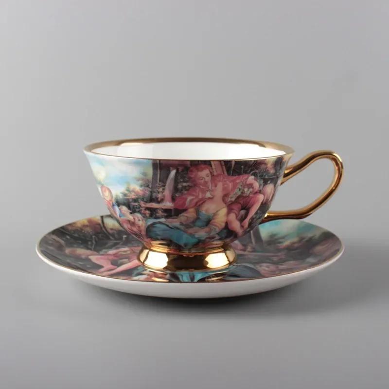 European Coffee Cup Saucer Bone China Ceramic Cup Water Cup Afternoon Tea Cups Gift Practical Gold Handle  with Saucer