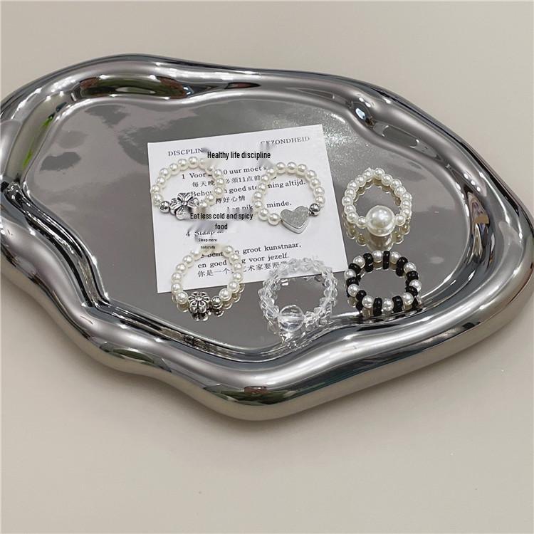 Korean Retro Geometric Heart & Clover Crystal Pearl Ring