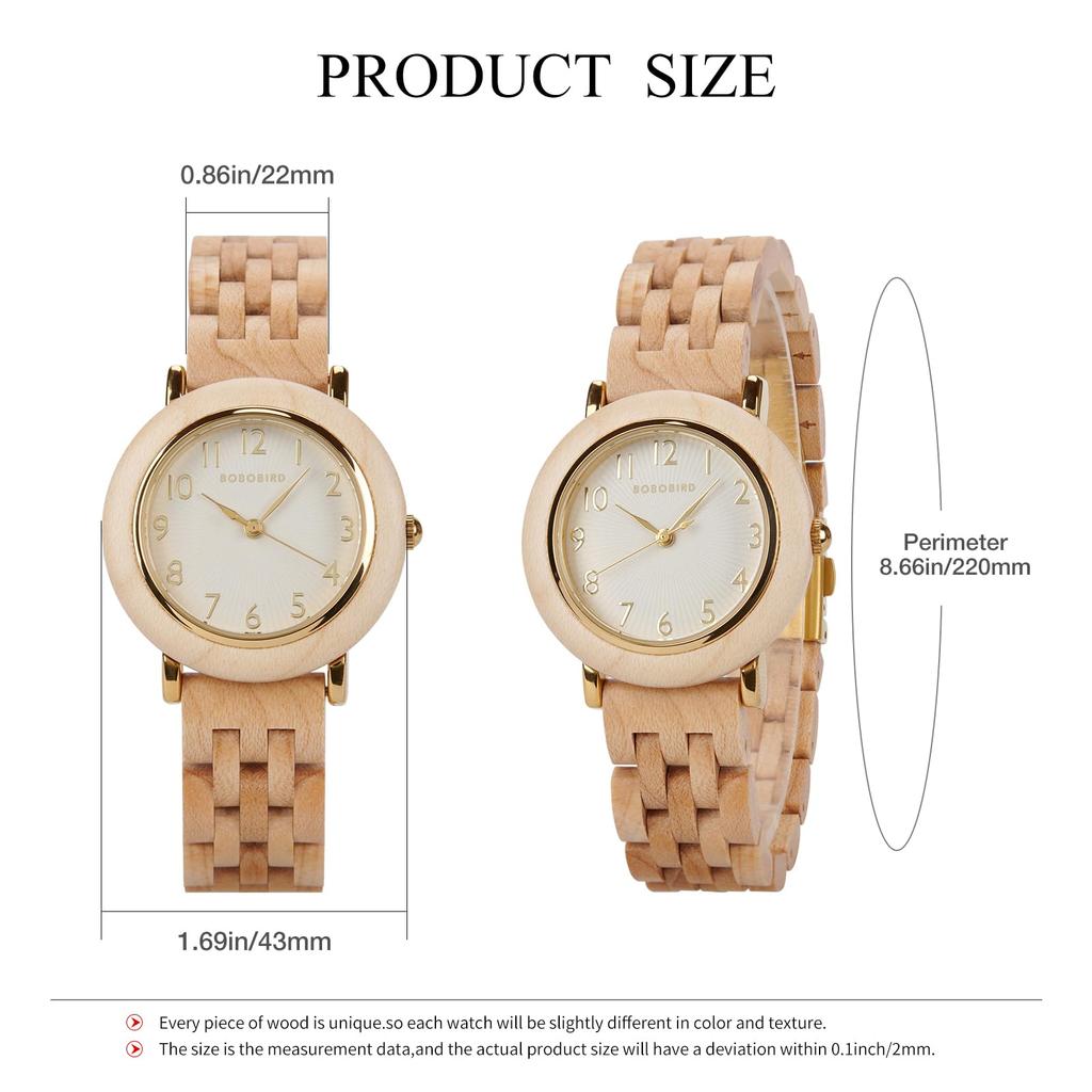 BOBO BIRD Wooden 28mm Natural Wood Analog Quartz Ladies' Watch, Diameter, Band, Display, Movement, Brown/Gold (Maple-1)