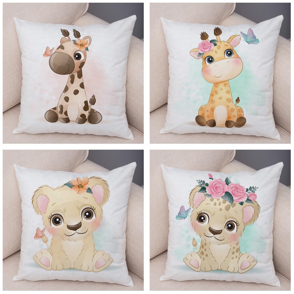 45x45cm Søt Giraffe Løve Ku Putetrekk Dekorativ tegneserie Dyretrykk Putetrekk Barnerom Sofa Hjem Putetrekk