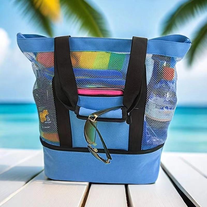 

Tote Bag Mesh Beach Tote Bag with Insulated Cooler Compartment Extra Large Pool Picnic Cooler Bag with Zipper Closure for Trave синий