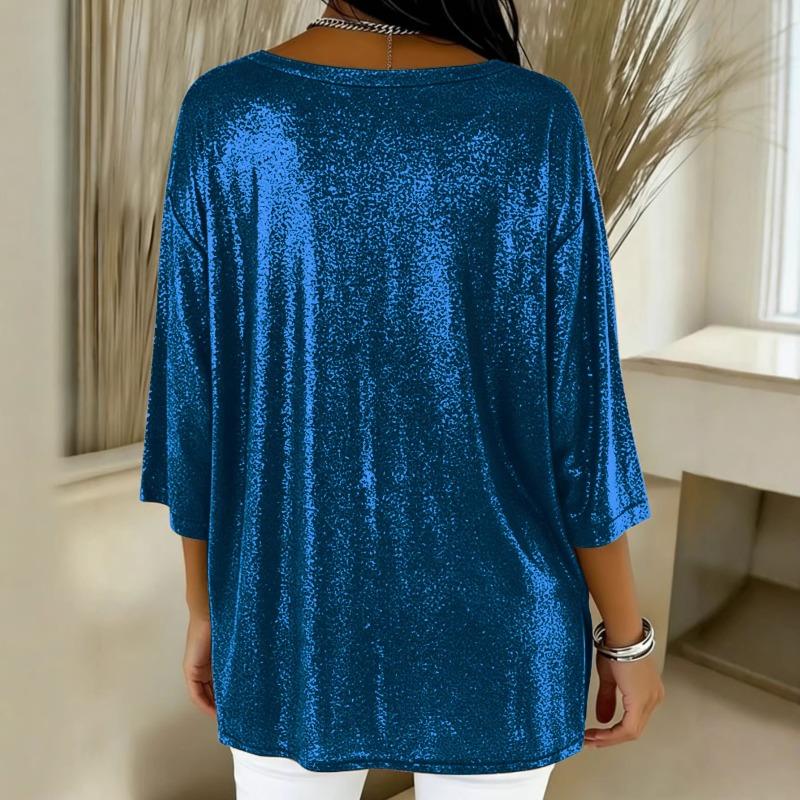 Women's Large Size T-shirt Spring and Summer Seven Quarter Sleeve Shiny Loose Casual Female T-shirt Fashion V-neck Solid Color Office Ladies Tee Tops