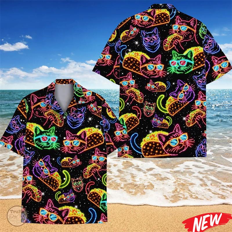 Lustiges Neon-Katzen-Grafik-Hawaihemd Herren Neues Design 3D-Druck Tierhemden Sommer Street Kurzarm Reversbluse Oberteile