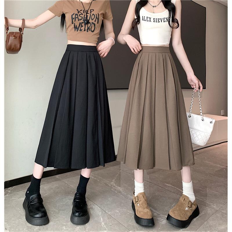 Chic Summer Pleated A-Line Skirt - Plus Size, Age-Reducing, Solid Color, Mid-Length