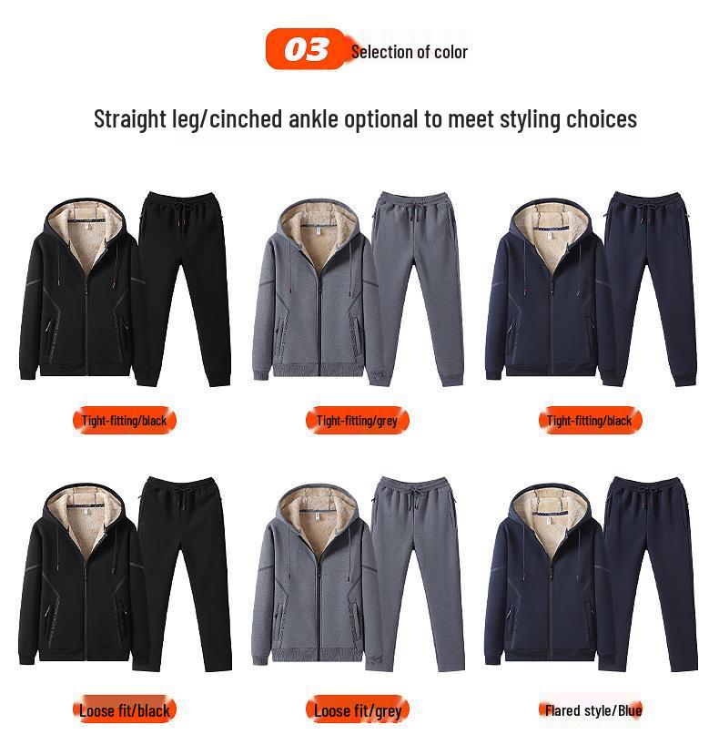 Lambswool Sports Suit: Plus Size Men's Fleece-Lined Hoodie & Cardigan Two-Piece Set for Autumn/Winter.