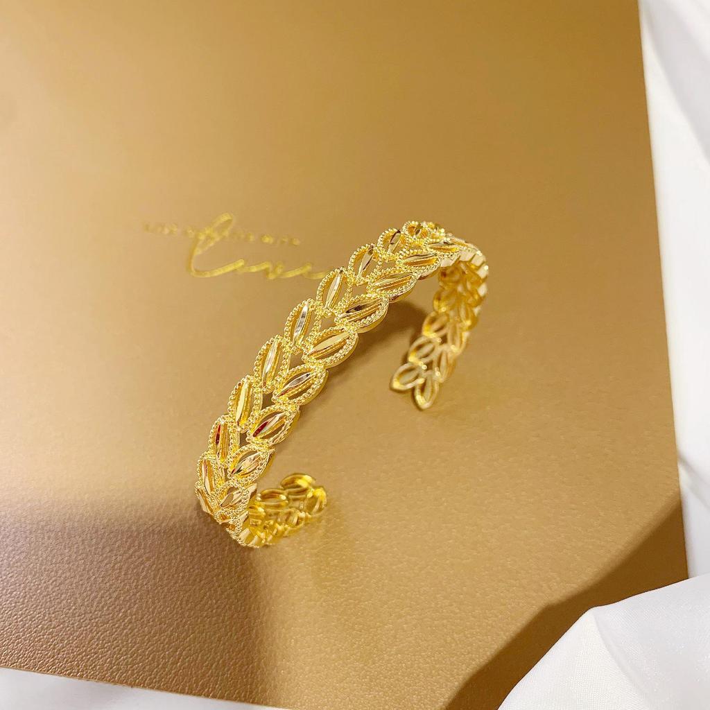 Gold-Plated Brass Wheat Ear Openwork Bangle Bracelet: Women's Fashion Gift
