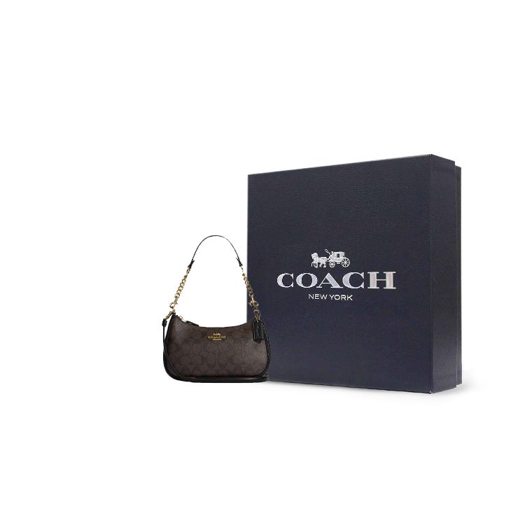 Coach Teri 25 Classic Monogram Zipper Closure Leather And Synthetic Leather Tote Shoulder Crossbody Bag Medium Women Bags Brown Black CA548-IMAA8