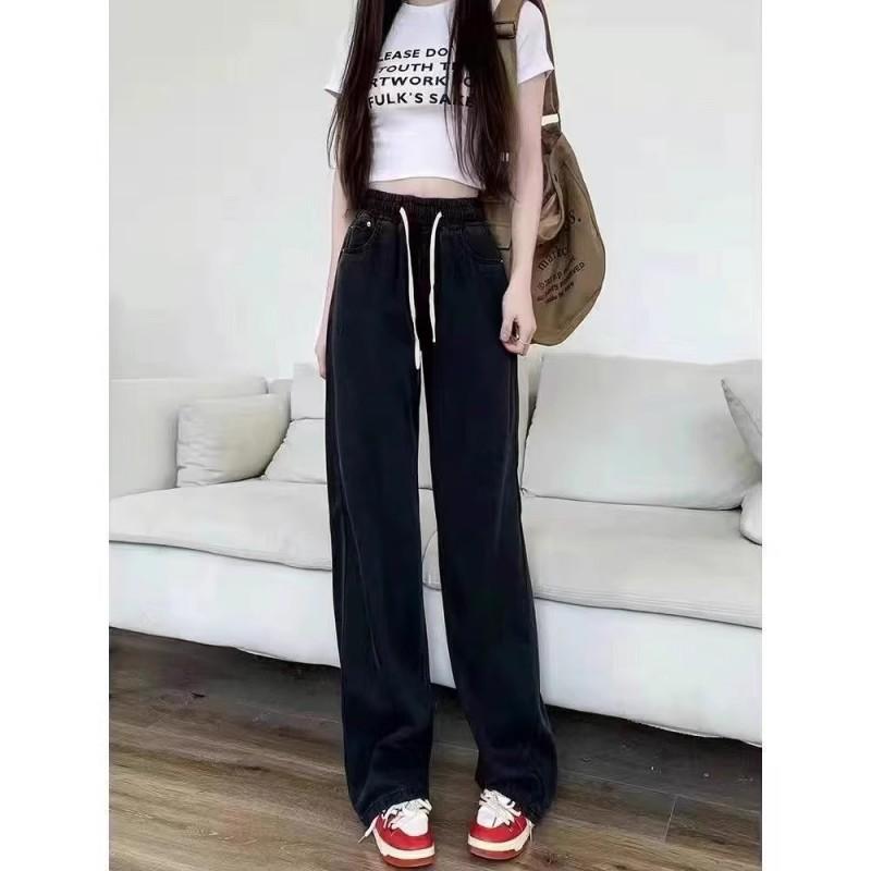 Women Elastic Drawstring Waist Straight Jeans Loose Wide Leg Denim Pants Casual Light Washed Long Trousers
