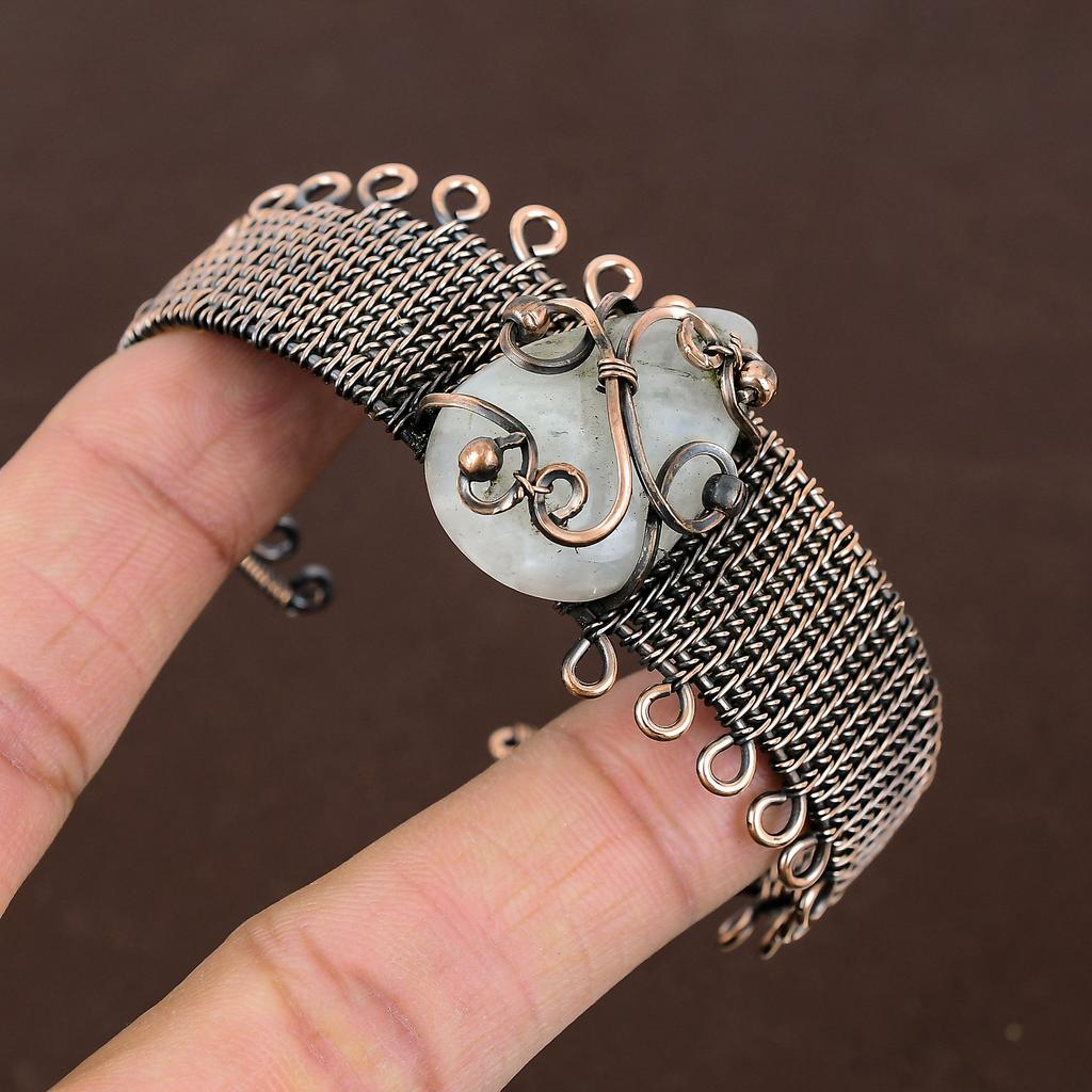 Natural Rainbow Moonstone Handmade Copper Wire Wrap Bangle Adjustable E5i26