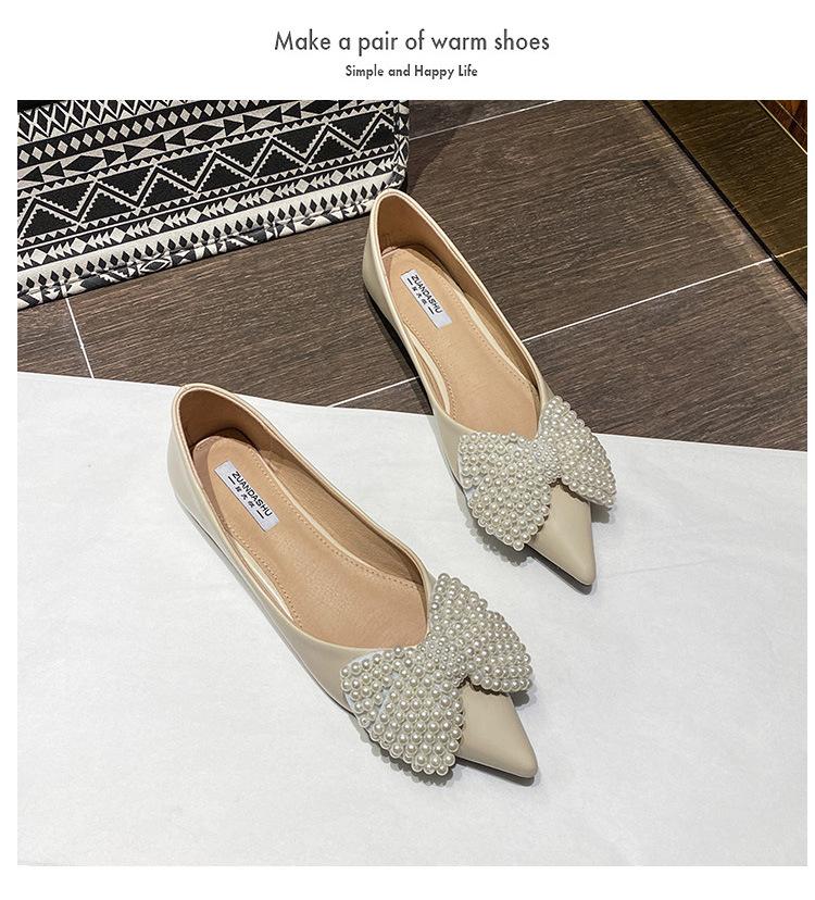 

2024 Туфли-лодочки с бусинами и бантом, женские, на мягкой подошве, балетки из кожи, больших размеров 42/43, с острым носком, неглубокие, жемчужные, балетки Mujer 4.5 абрикосовый