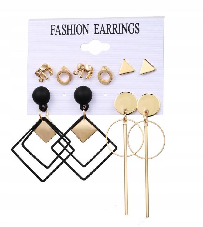 Set of 6 Pairs of Hoop Stud Earrings In Gold Square Elephants