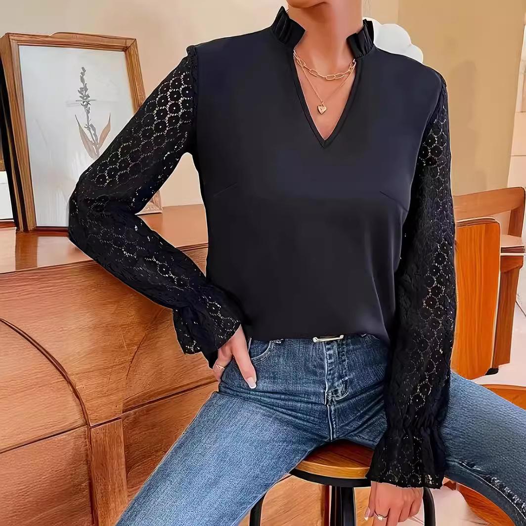 

HX8016 Женский топ с V-образным вырезом, кружевом и оборками - 2024 Европейский и американский стиль XXL чёрный