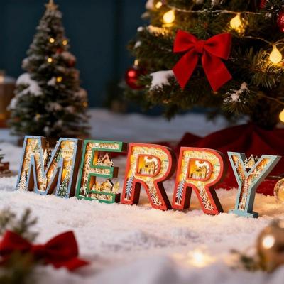 Decoração de Natal de Madeira Brilhante com Luz LED Luminária de Mesa Oca Feliz