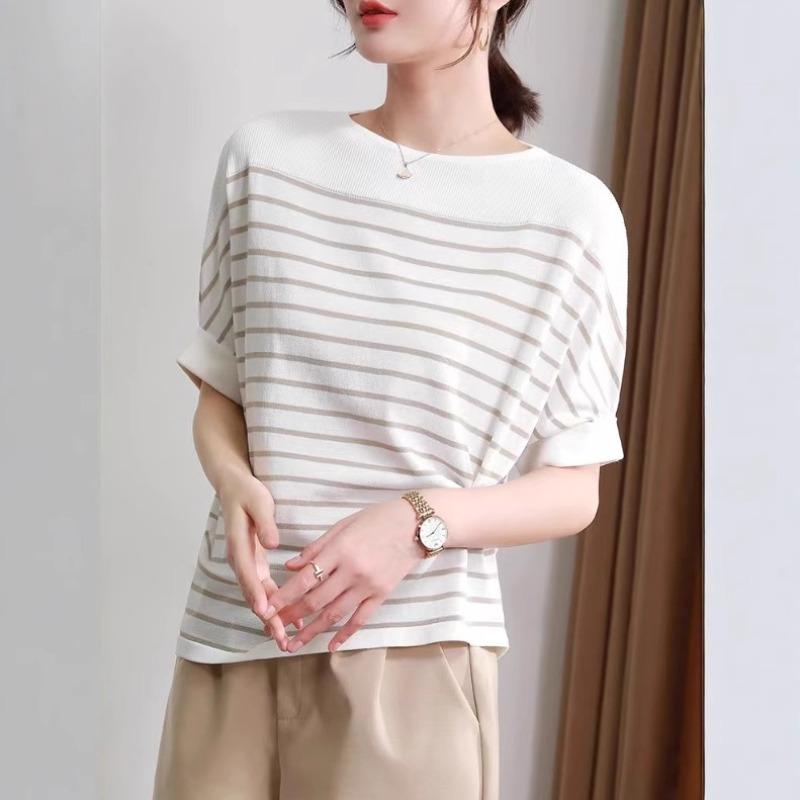 

Summer Women s Ice Silk Short Sleeve Top Loose Thin Striped Pullover Knitted T-shirt XXL абрикосовый