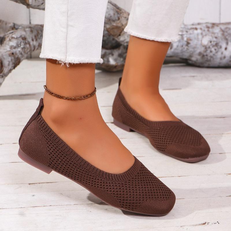 New solid color round head fly-woven flat-soled single shoes women's casual breathable hollow knitted lazy work shoes ebay