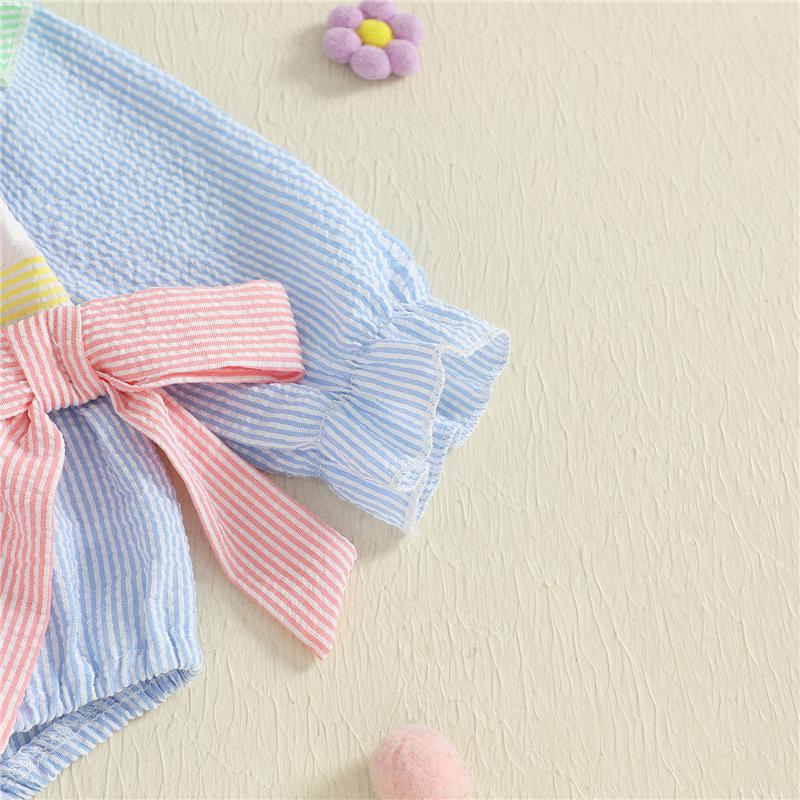 Baby Clothes Autumn Toddler Newborn Baby Girls Flying Sleeve Round Neck Letter Embroidery Romper Stripe Bow Jumpsuit