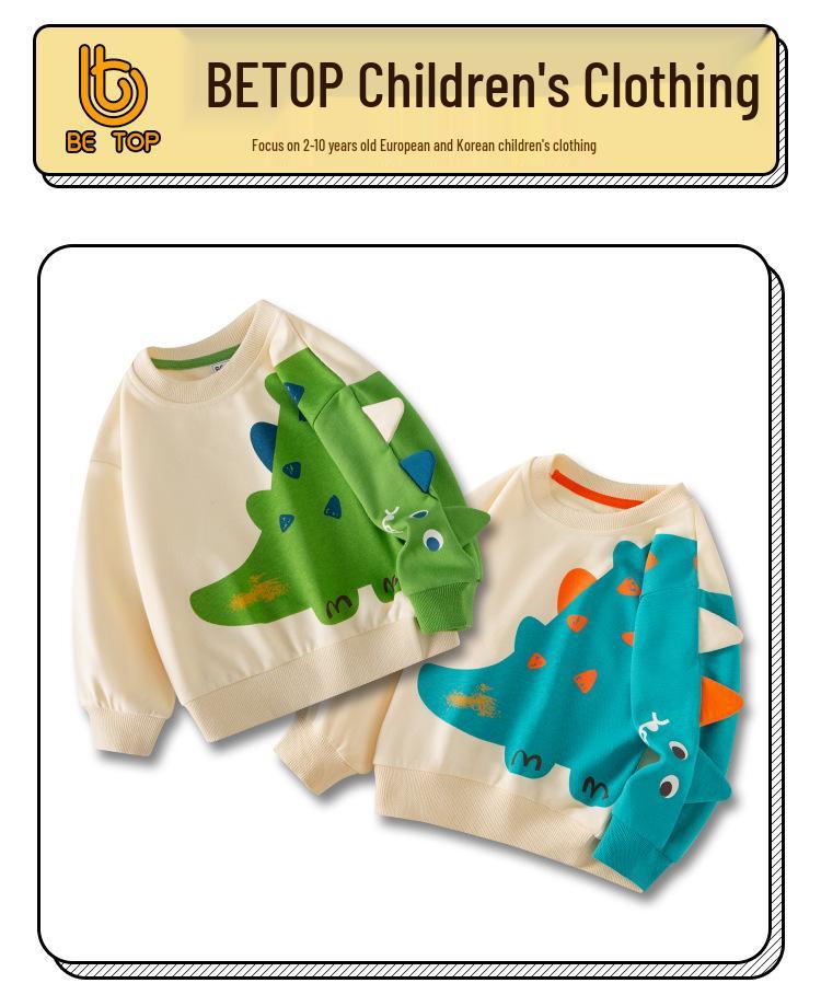 Korean Style Boys Dinosaur Sweatshirt - Round Neck, Loose Fit, Small & Medium Sizes, Stylish Letter Pullover.
