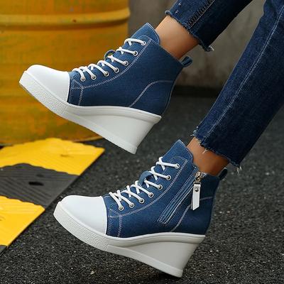 Damskie Sneakersy na Platformie Koturnie Wysokie Niebieski Denim Casualowe Płócienne Buty Kobieta Moda Gruba Podeszwa Sznurowane Wulkanizowane Buty