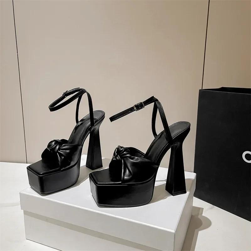 Peep Toe Square Head Pleated Leather Butterfly-Knot Sandals for Women Banquet Party High Heels Shoe Buckle Strap Platform Pump