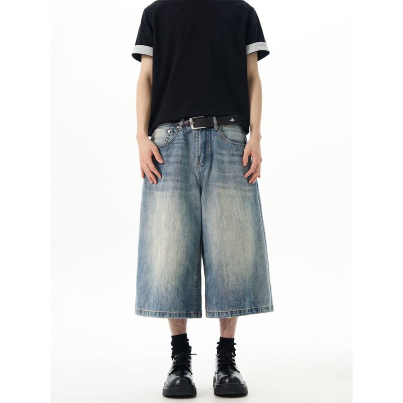 Kisko American Retro Bamboo Texture Washed Vintage Wide-Leg Denim Shorts Unisex New Loose Cropped Pants Ins