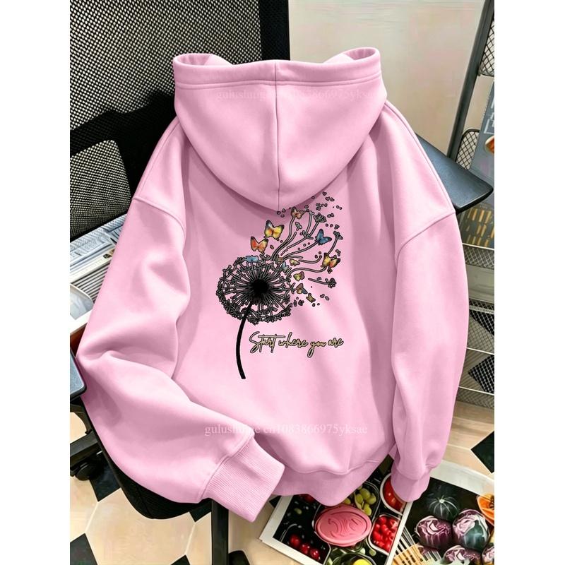 Casual Hoodie Halloween Gifts Dandelion Butterfly Start Where You Are Print Autumn Winter Fall Clothes For Women Girls