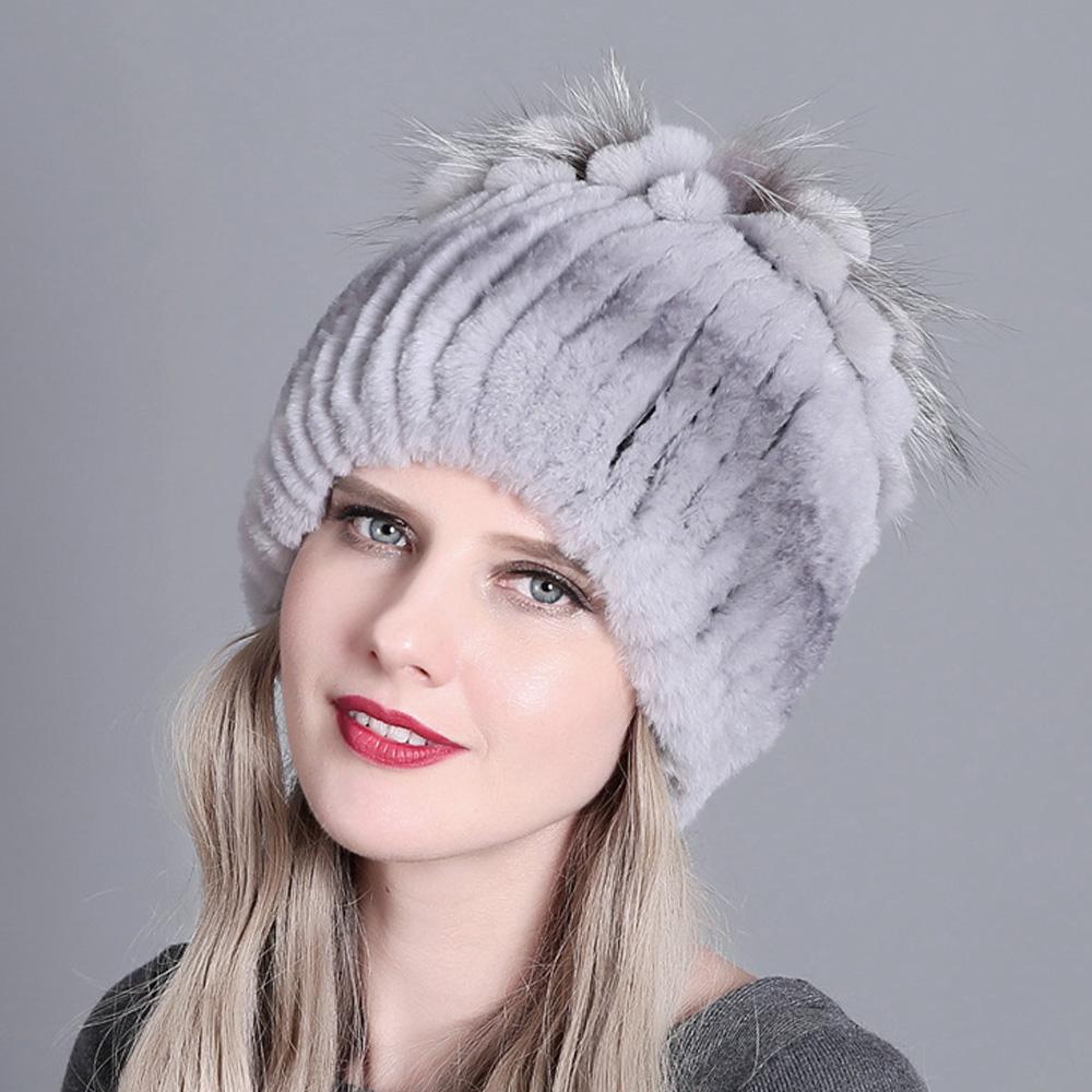 Winter Premium Rabbit Fur Beanie Hats Genuine Rabbit Fur Caps Women Winter Fur Rex Rabbit Knitted Hats Warm Beanie Caps