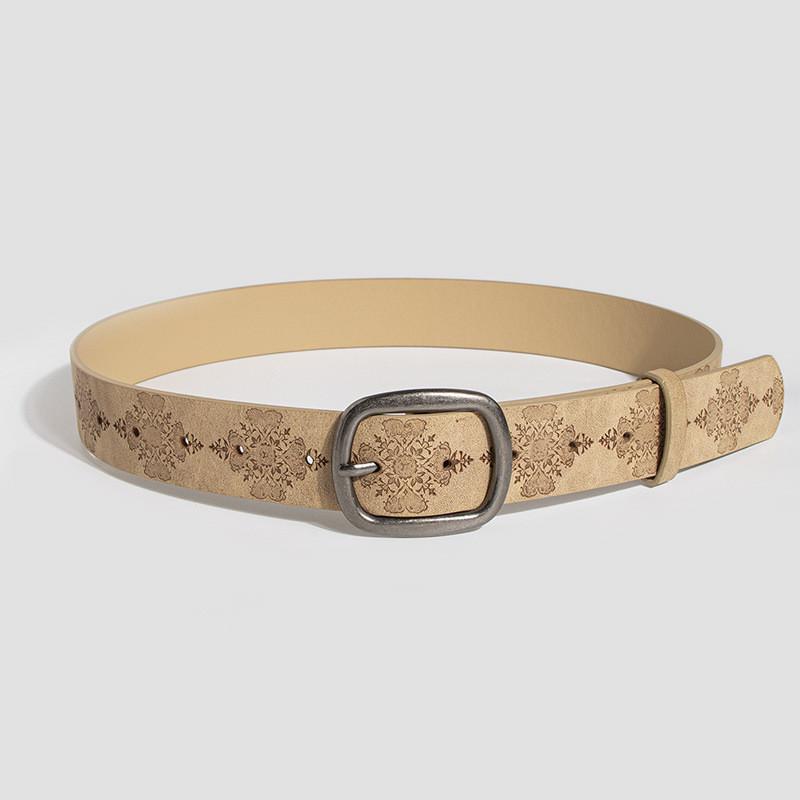 Retro Floral Patterned Faux Leather Belt With Alloy Buckle For Casual Wear