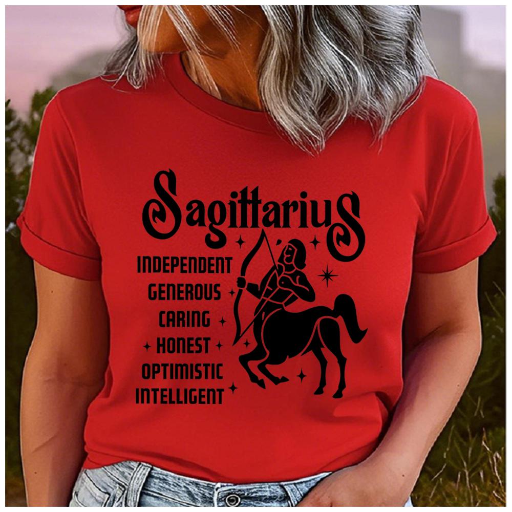 Unisex 100% Polyester Zodiac Sign Print Loose round Neck Short Sleeve Fashion Summer Top for Astrology Lovers