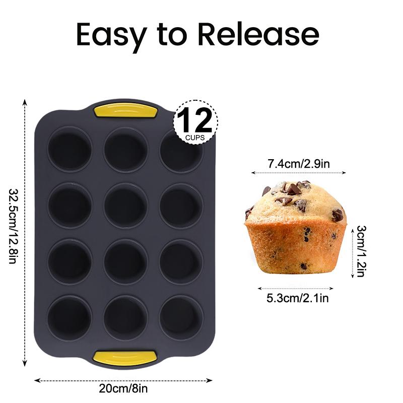Non-Stick 12-slot Silicone Muffin Pan; Tray with Handle for Effortless Cake Baking